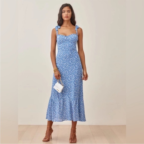 Reformation Dresses & Skirts - Reformation Nikita Blue Floral Dress Tie Straps 8
